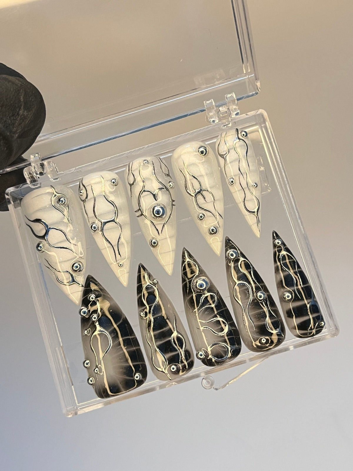 Black and Ivory Gothic Nails With 3D Silver Lines and Studs