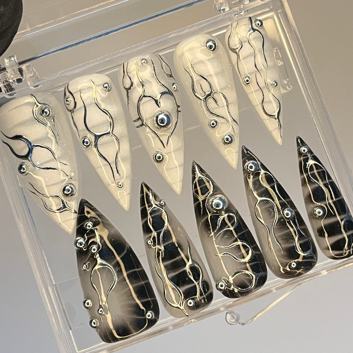 Black and Ivory Gothic Nails With 3D Silver Lines and Studs
