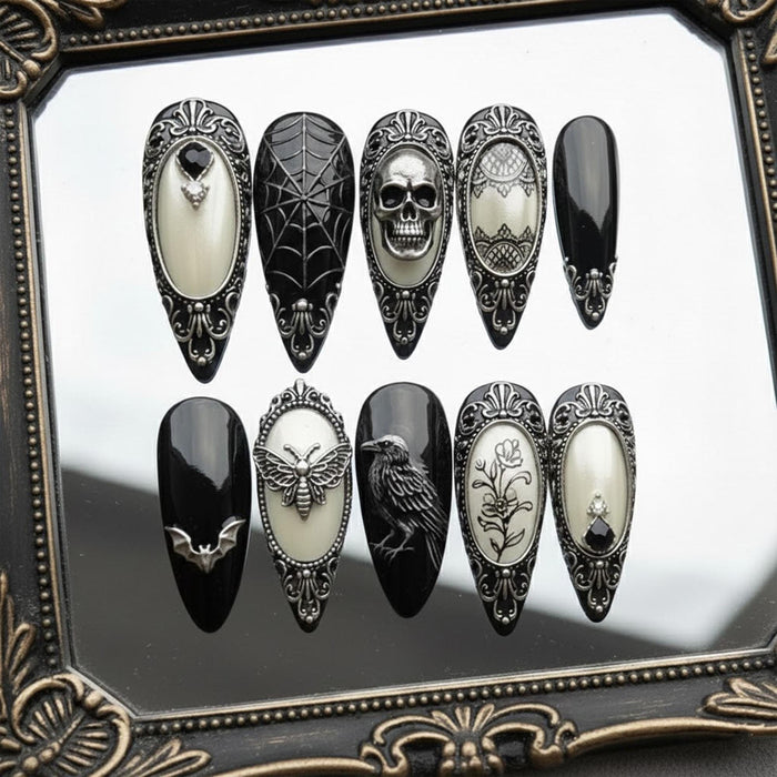 Black and Ivory Gothic Skull, Raven, Spiderweb and Floral Press On Nail Set
