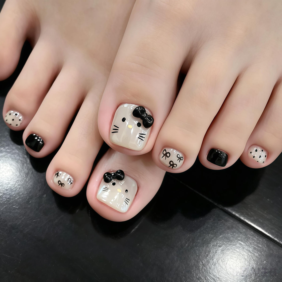 Black and Ivory Kitty Toenails with Bow and Polka Dot Details