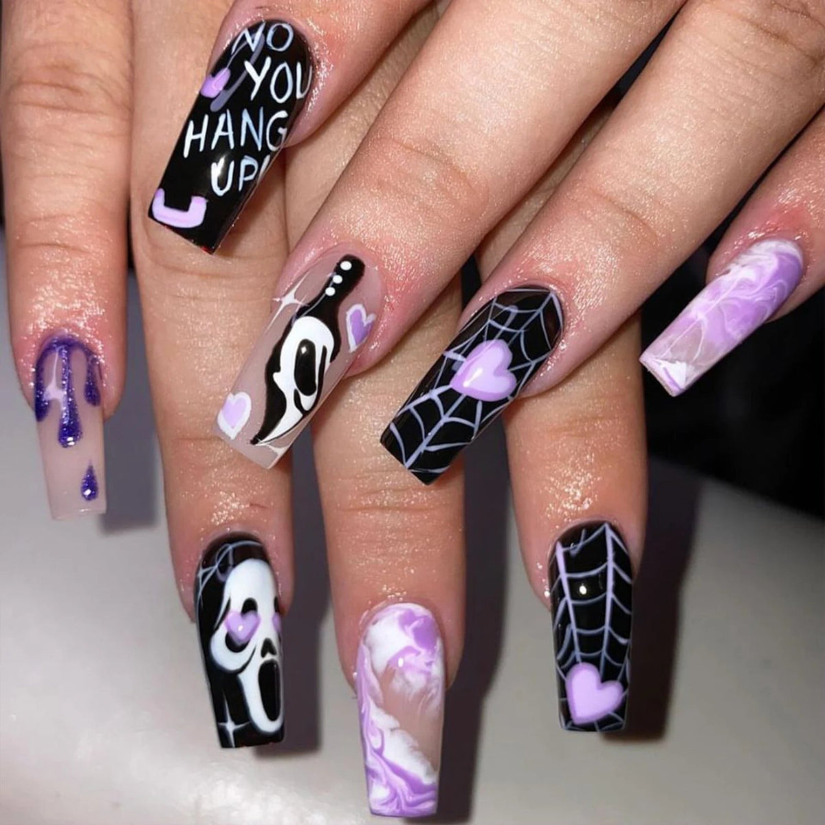 Black and Lavender Halloween Ghost and Spiderweb Press On Nails
