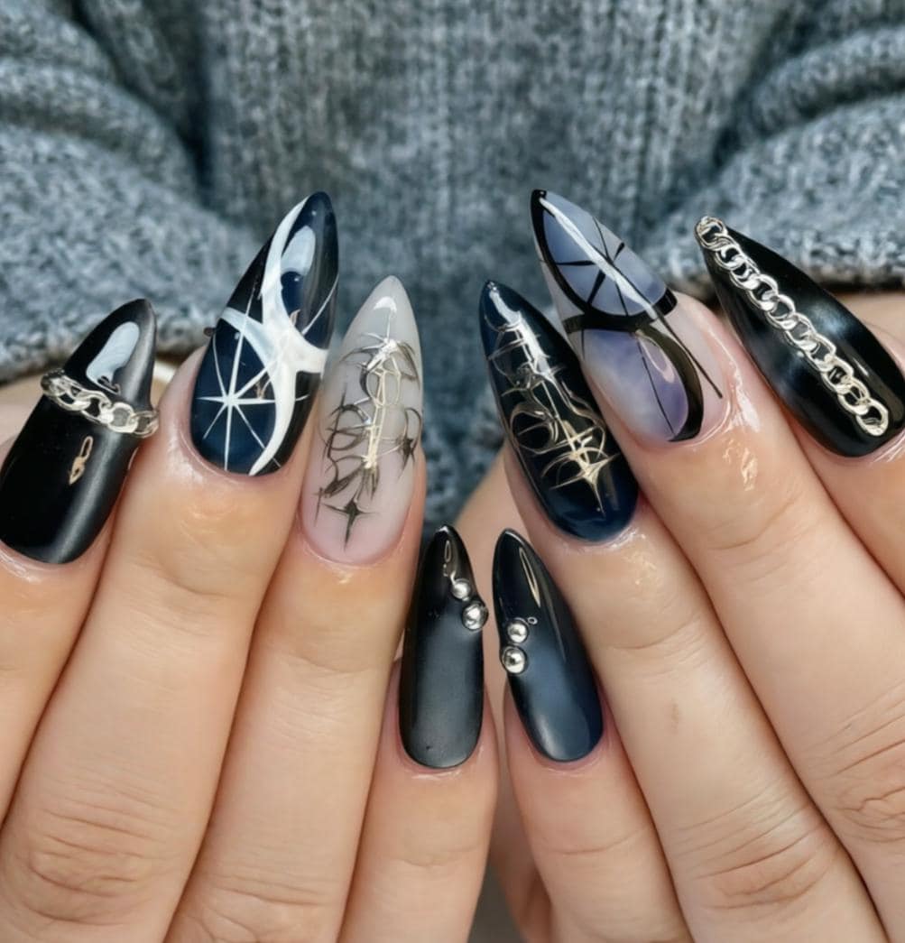 Black and Navy Abstract Nails with Silver Chains and Celestial Linework