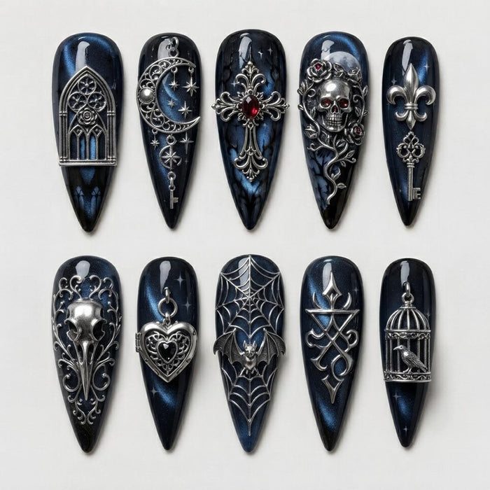 Black and Navy Gothic Marble Press On Nails with Ornate Silver Charms