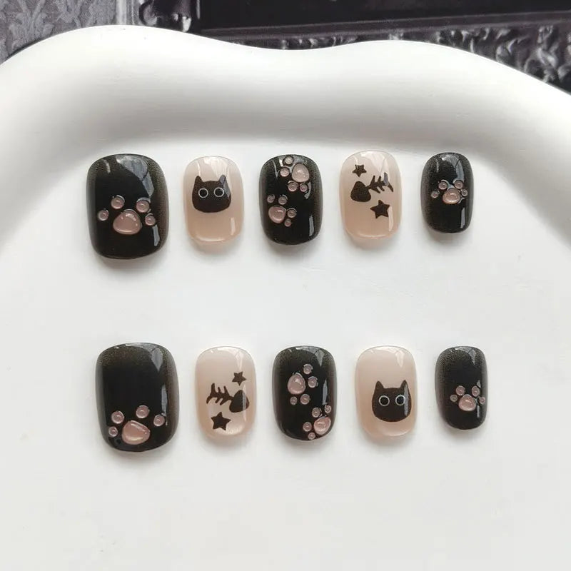 Black and Nude Cat Paw Press On Nails with Pink Paw Pads