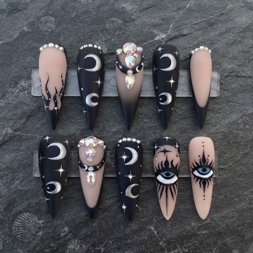 Black and Nude Celestial Gothic Nails with Moons, Stars, Eyes and Rhinestones