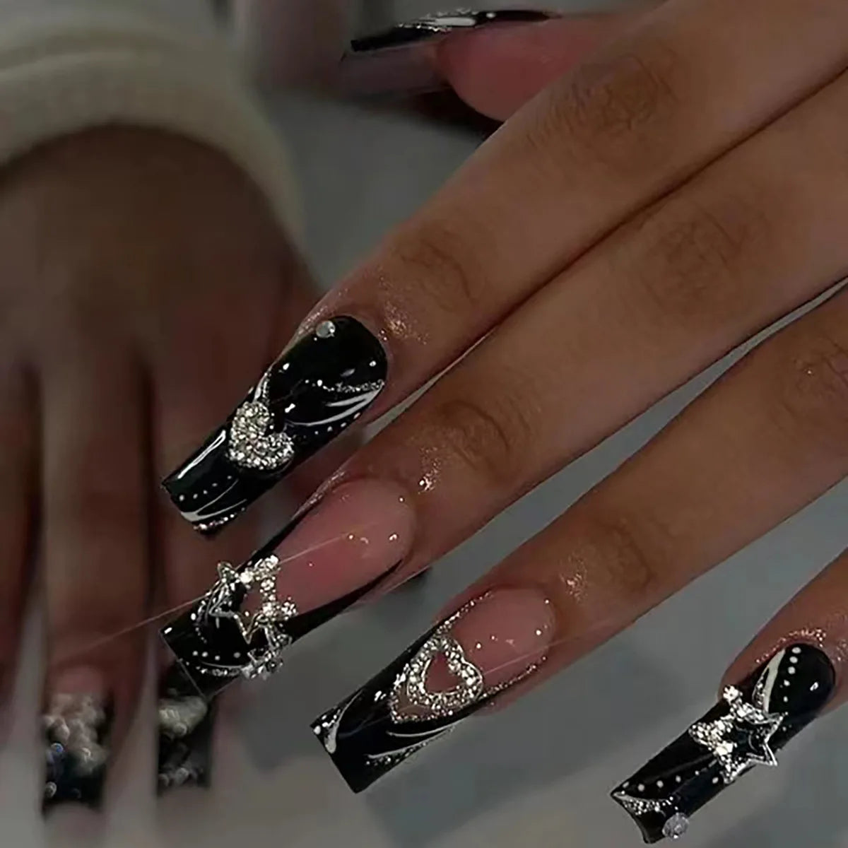 Black and Nude French Tip Press On Nails with Silver Heart Rhinestones