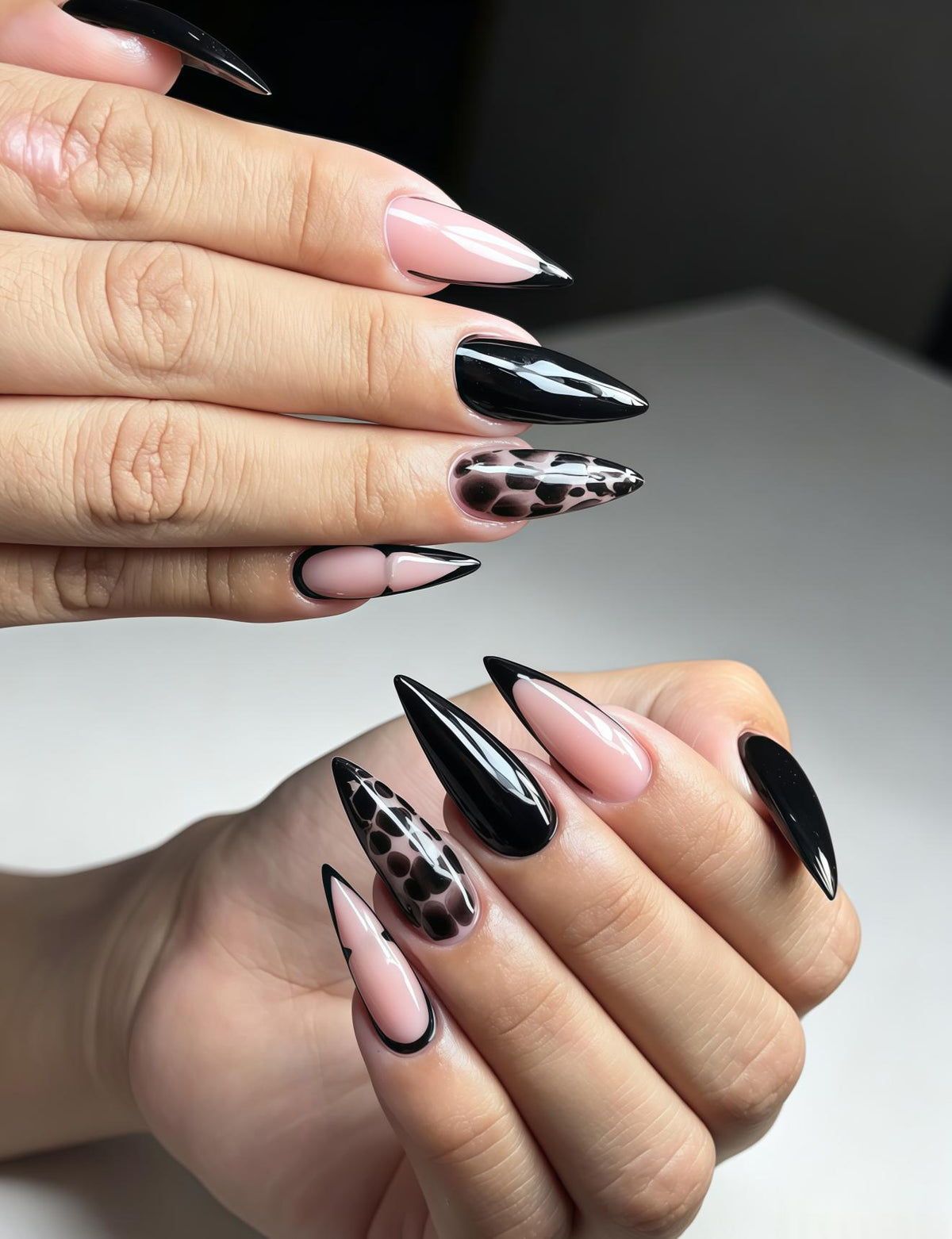Black and Nude Leopard French Tip Press On Nails