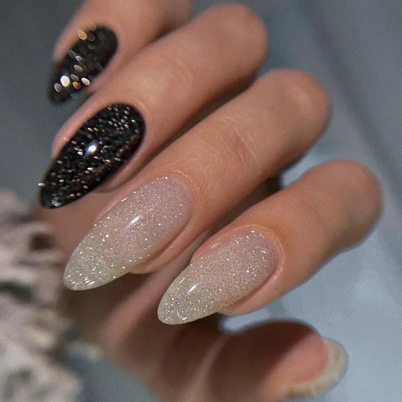 Black and Nude Pink Glitter Press On Nails