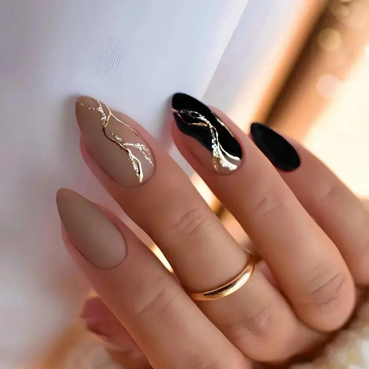 Black and Nude Press On Nails with Branching Gold Metallic Accents