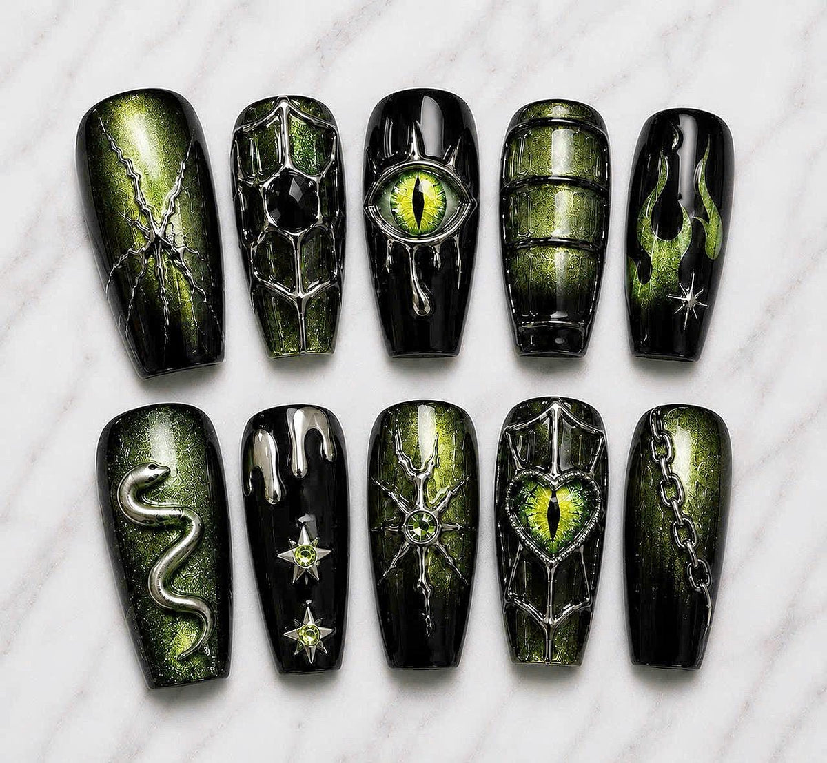 Black and Olive Green Gothic Eye Nails with Snake, Webbing, Chains, and Flames for Halloween