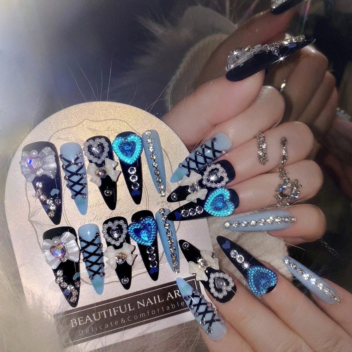 Black and Pale Blue Bow, Pearl and Heart Nail Set