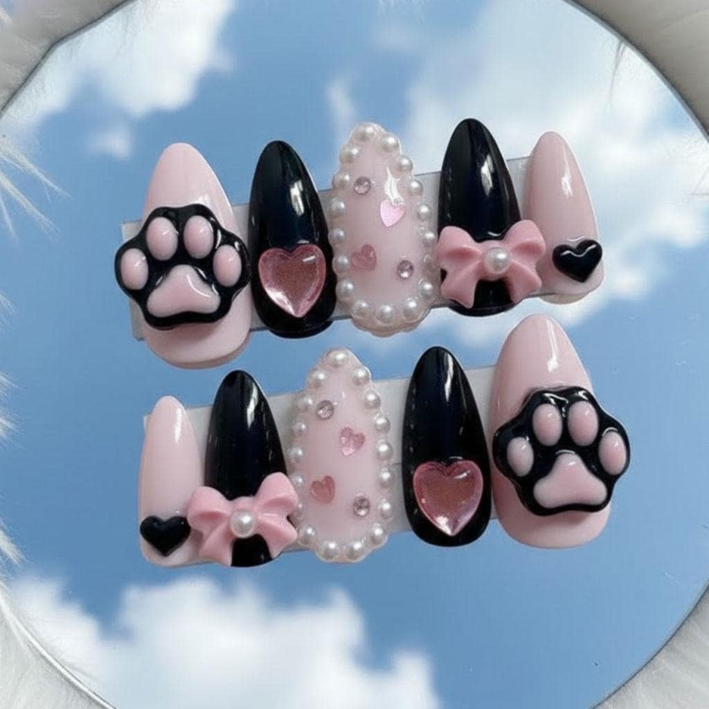 Black and Pink Cat Paw Nails with 3D Hearts, Bows, and Pearl Details