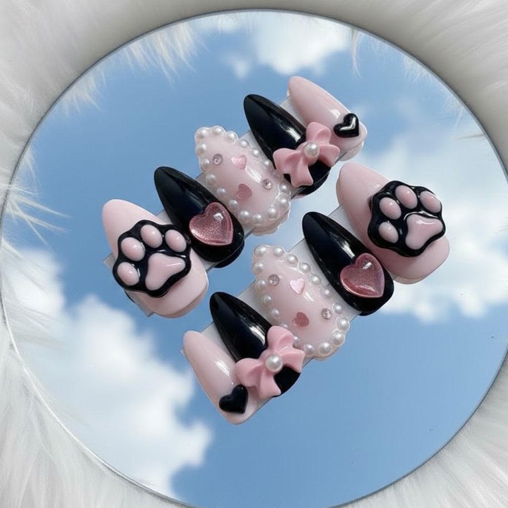 Black and Pink Cat Paw Nails with 3D Hearts, Bows, and Pearl Details
