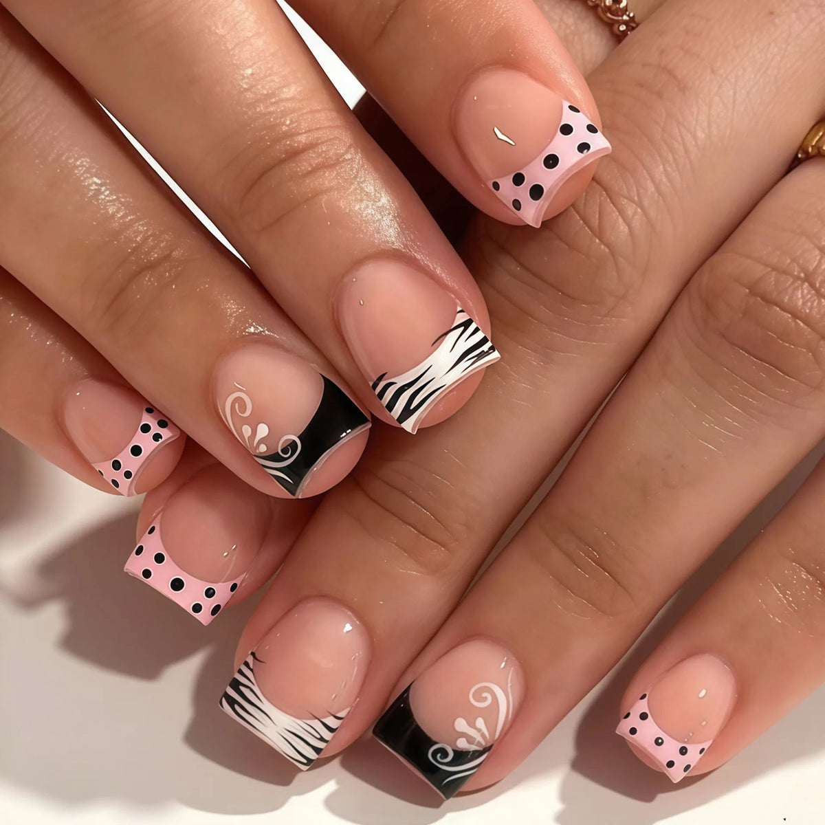 Black and Pink French Tip Press On Nails with Polka Dots and Zebra Stripes