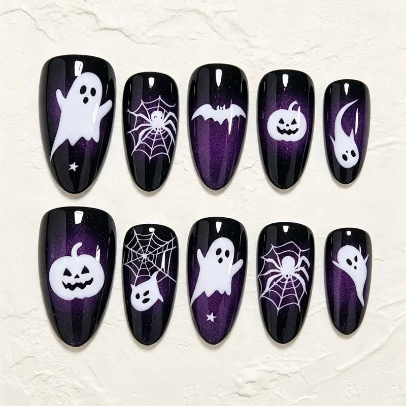 Black and Purple Cat Eye Halloween Press On Nails with Ghosts and Spiderwebs