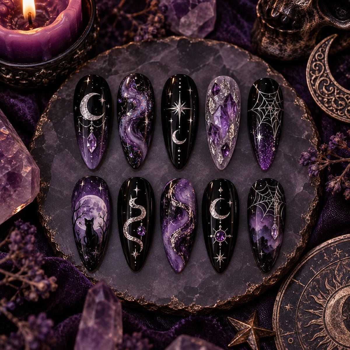 Black and Purple Celestial Spiderweb Nail Set With Moons and Stars