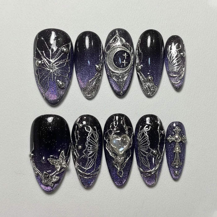 Black and Purple Gothic Celestial Press On Nail Set With Silver Filigree and Rhinestone-Like Details