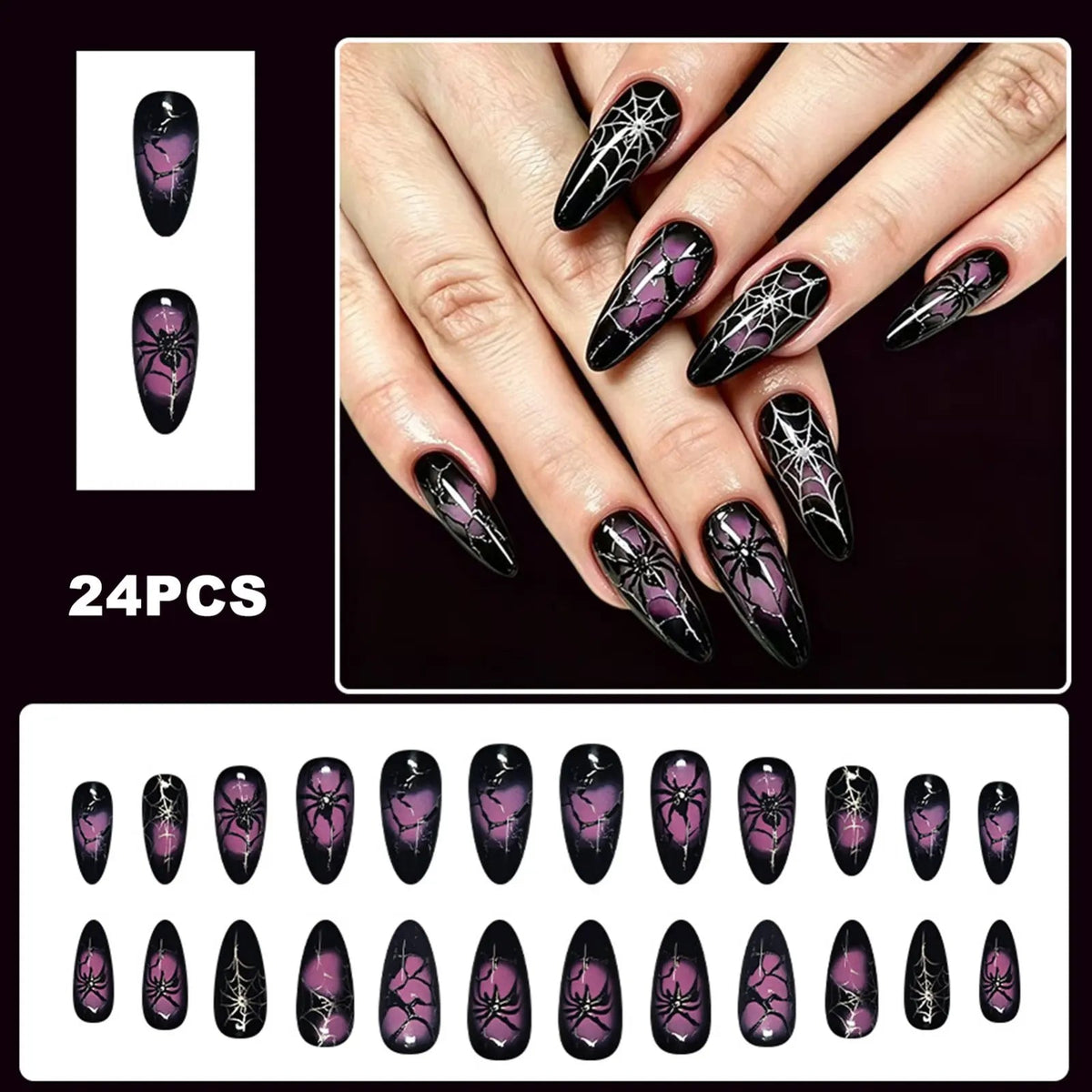 Black and Purple Spiderweb Halloween Press-On Nail Set