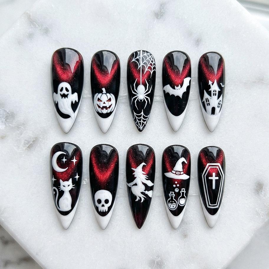 Black and Red Cat Eye Halloween Nails with Spooky White Designs