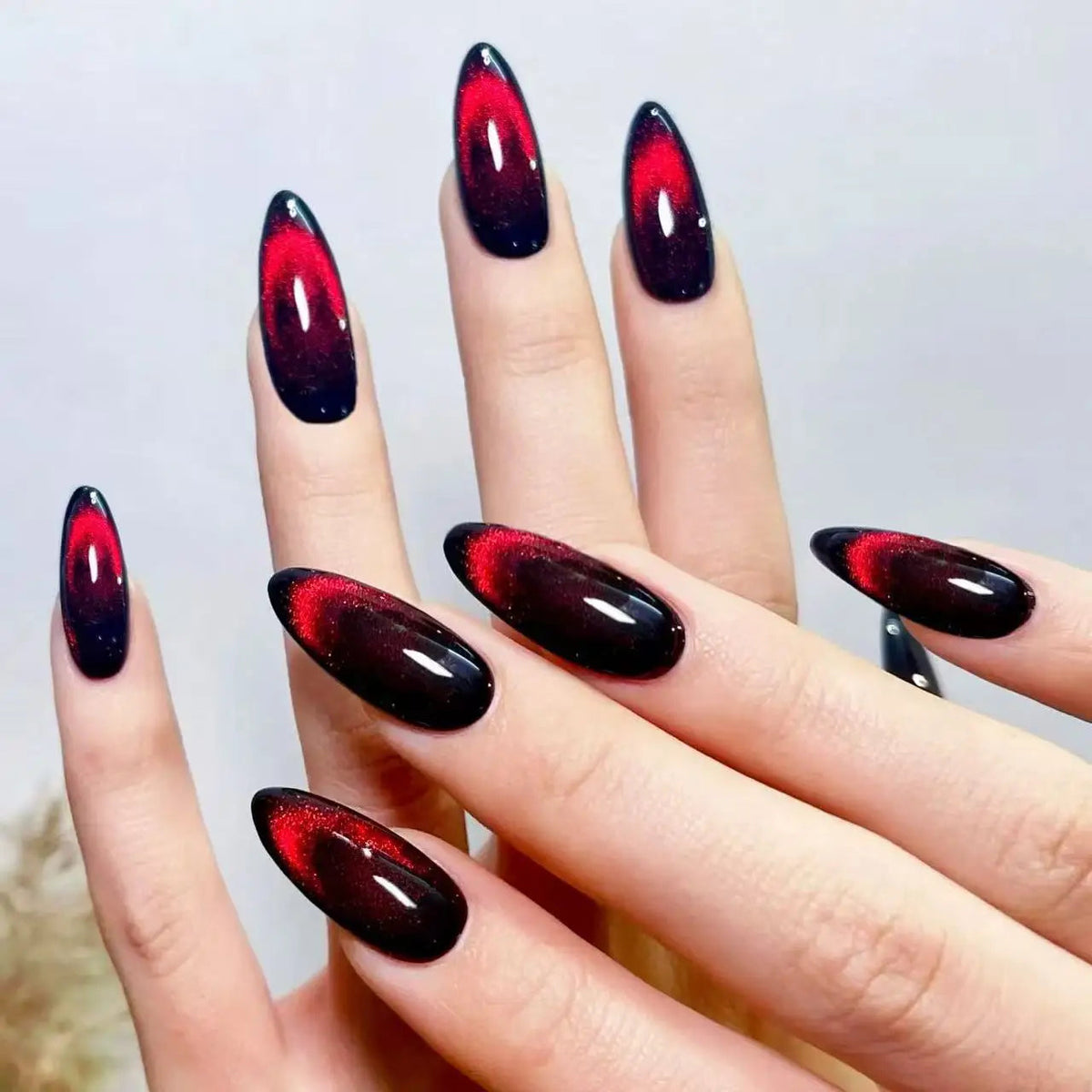 Black and Red Cat Eye Ombre Nail Set