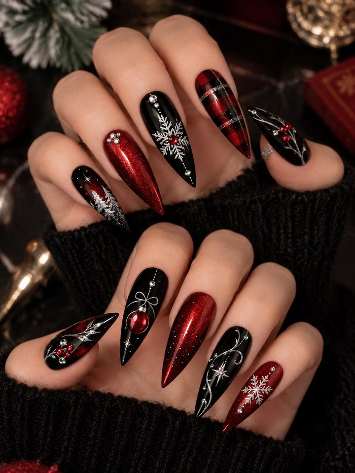 Black and Red Glitter Christmas Press On Nails With Silver Snowflakes and Plaid