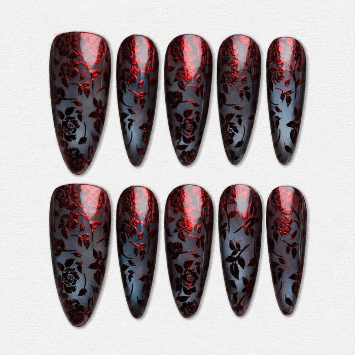 Black and Red Metallic Foil Rose Press On Nail Set