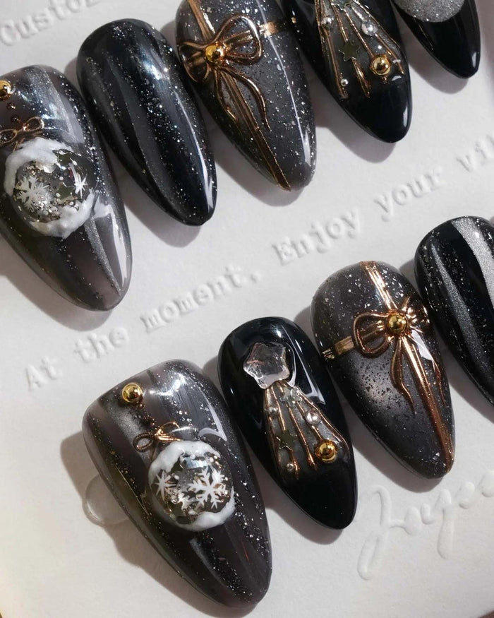Black and Silver Cat Eye Christmas Press On Nails with Gold Bows and Snowflakes