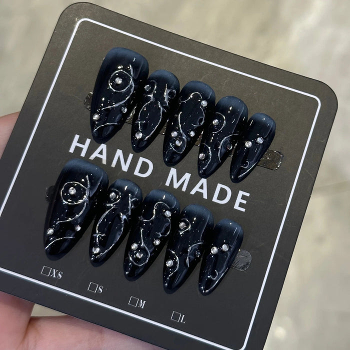 Black and Silver Celestial Press-On Nails with Stars and Rhinestones