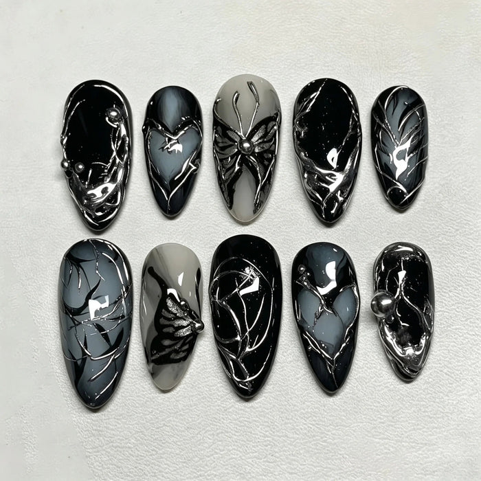 Black and Silver Chrome Butterfly Marble Press On Nail Set