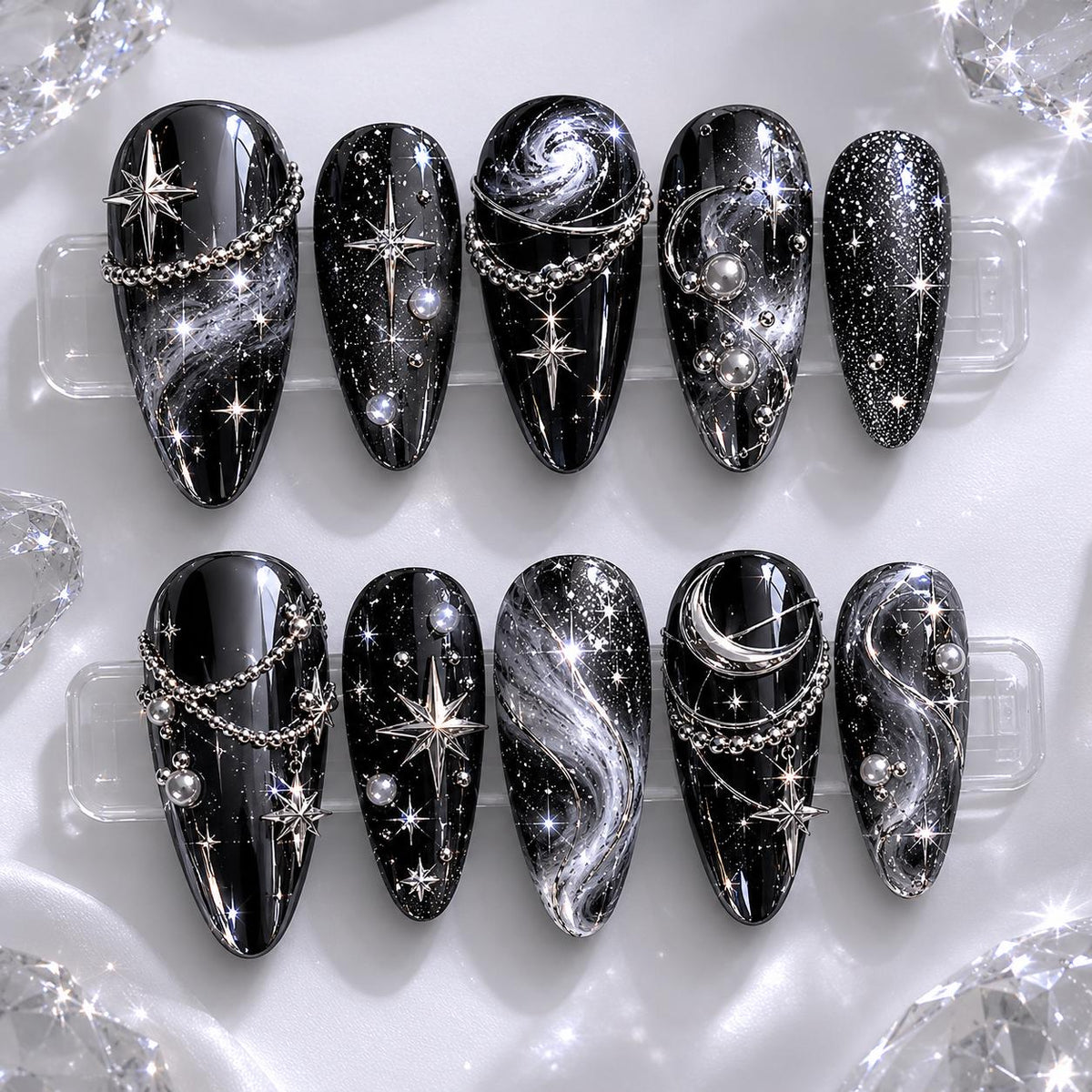 Black and Silver Chrome Galaxy Press On Nails with Celestial Charms