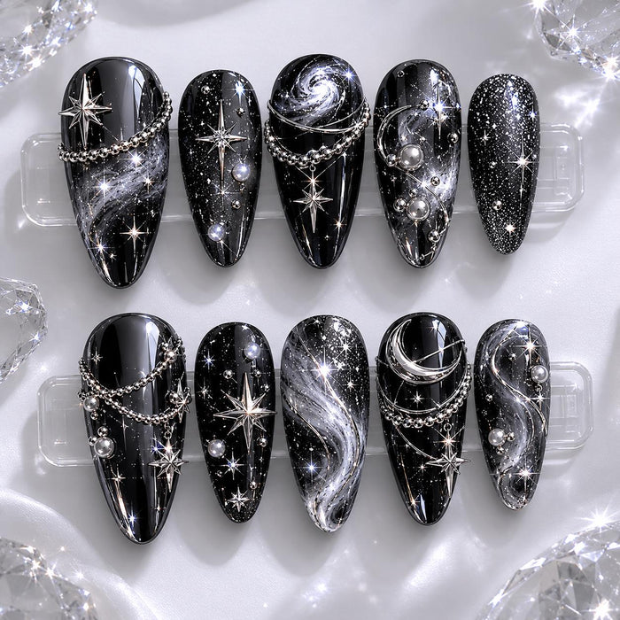 Black and Silver Chrome Galaxy Press On Nails with Celestial Charms