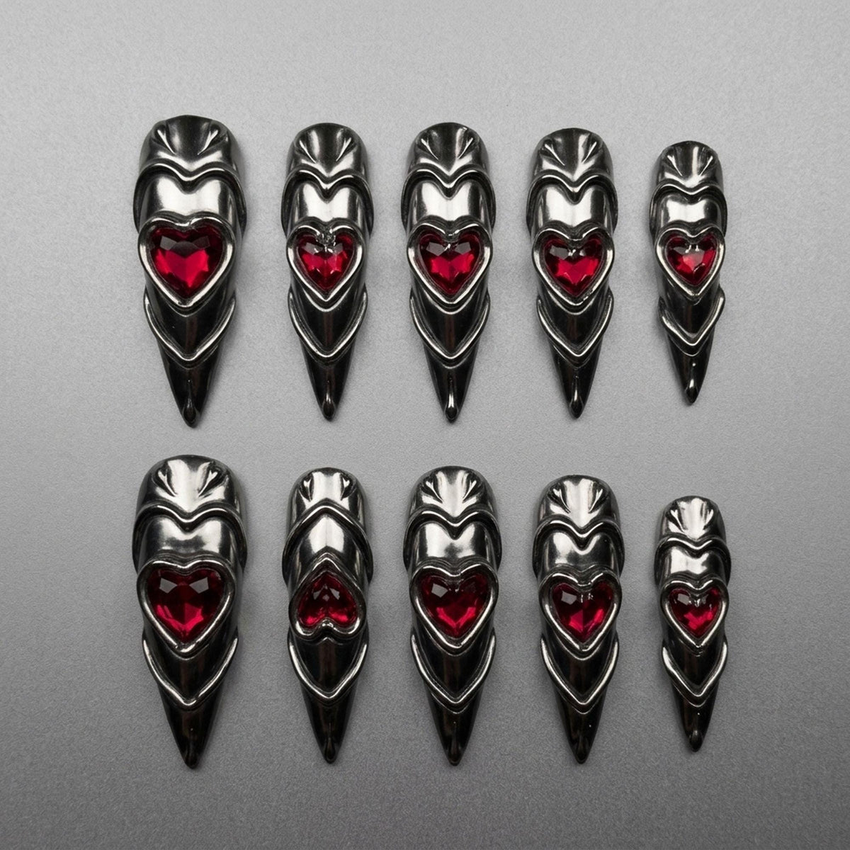 Black and Silver Chrome Gothic Armor Nails with Red Heart Gems