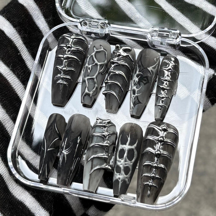 Black and Silver Chrome Gothic Armor Press On Nail Set