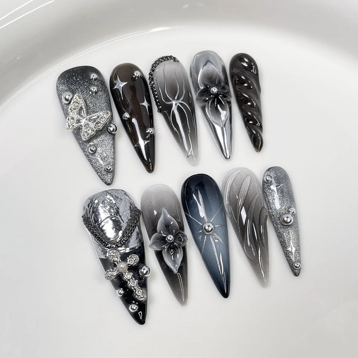 Black and Silver Chrome Press On Nails with Raised Flowers and Rhinestone Accents