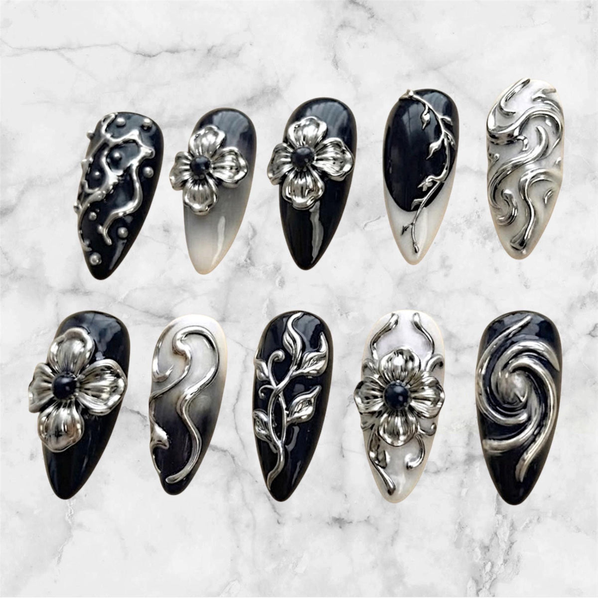 Black and Silver Chrome Nails With Sculpted Flowers and Baroque Scrollwork
