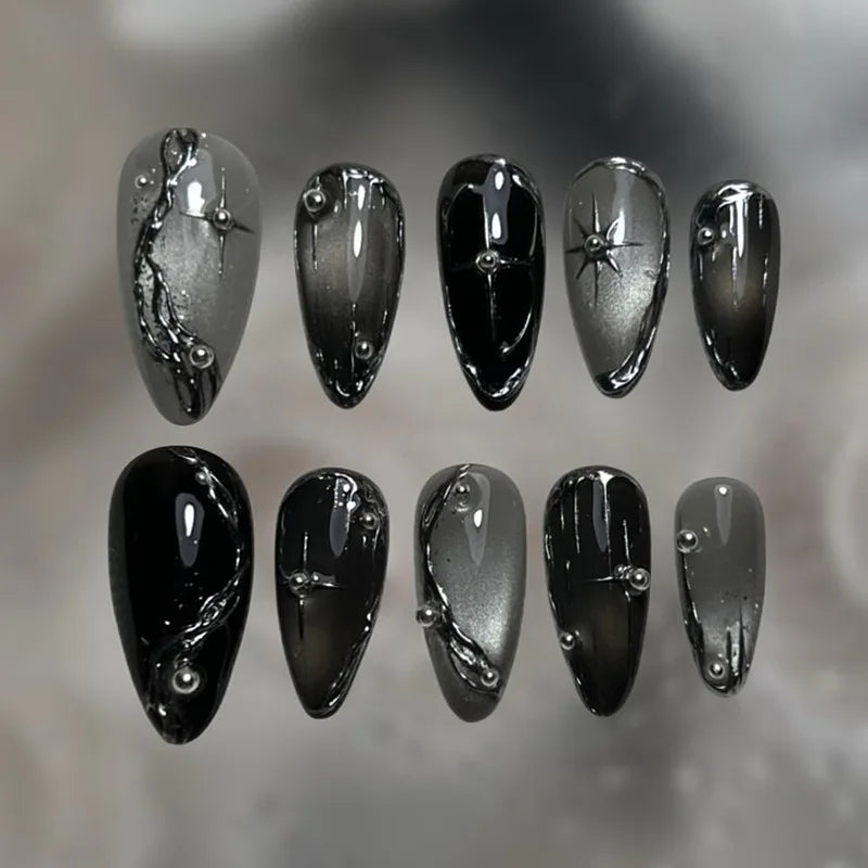 Black and Silver Chrome Press-On Nails with Chain Details and Metallic Beads