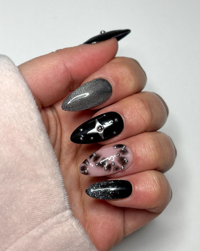 Black and Silver Chrome Press On Nails with Star, Rhinestones and Smoky Marble for New Year's