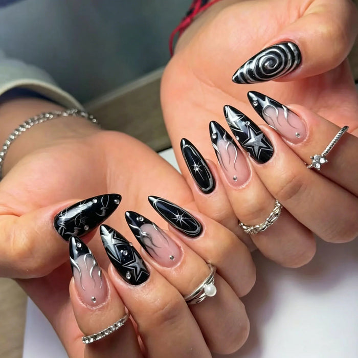 Black and Silver Chrome Swirl Starburst Press-On Nails