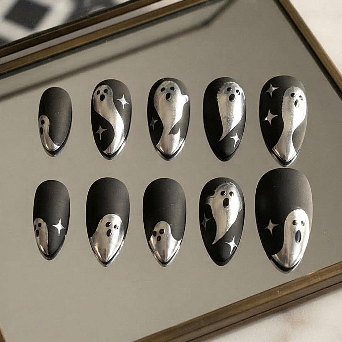 Black and Silver Ghost Star Halloween Press On Nails