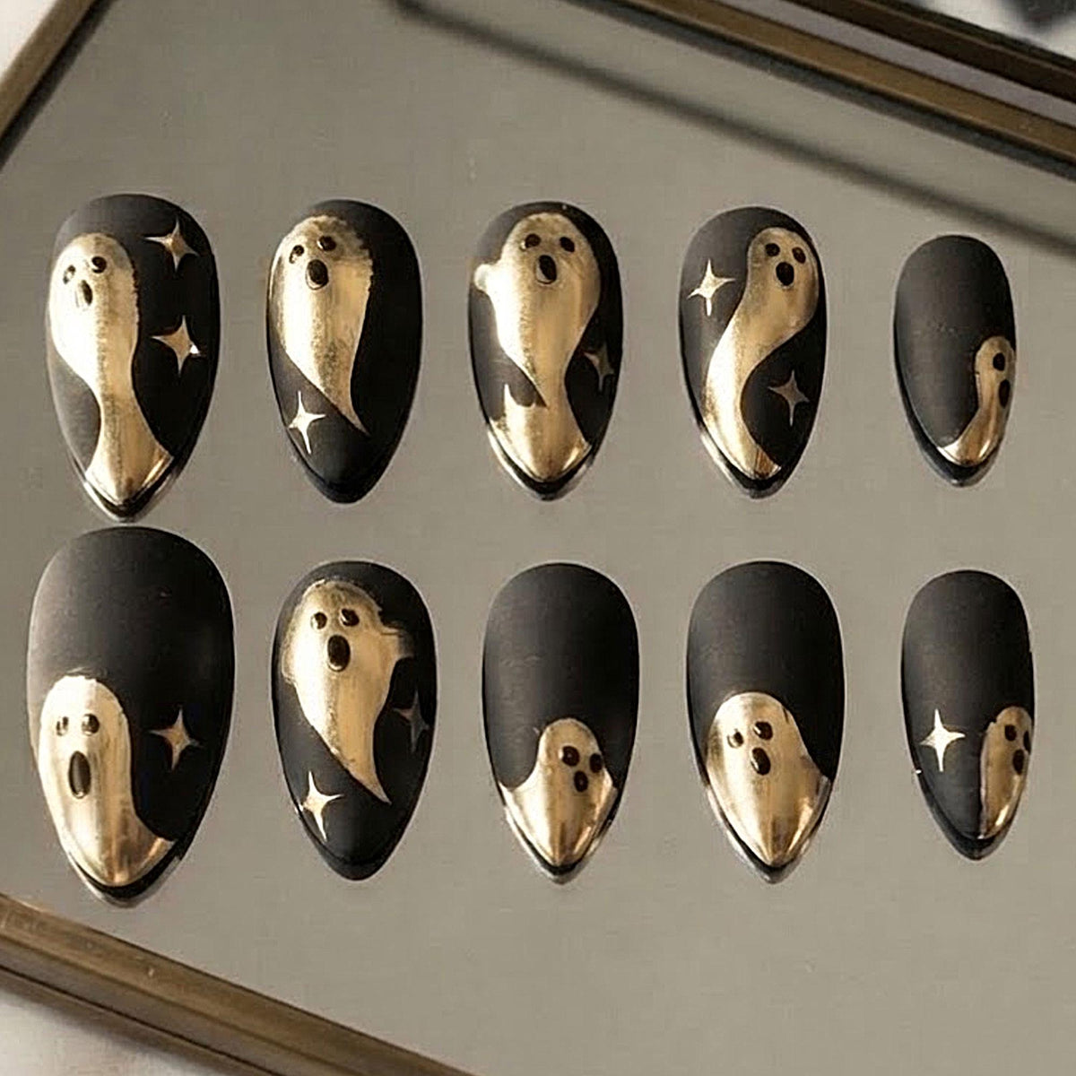 Black and Silver Ghost Star Halloween Press On Nails