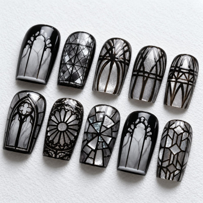 Black and Silver Gothic Cathedral Stained Glass Press On Nails