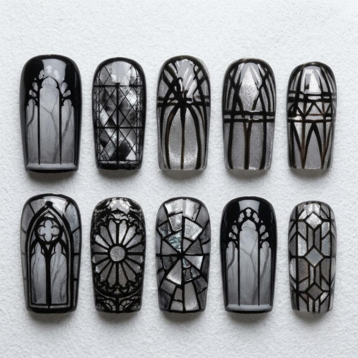 Black and Silver Gothic Cathedral Stained Glass Press On Nails