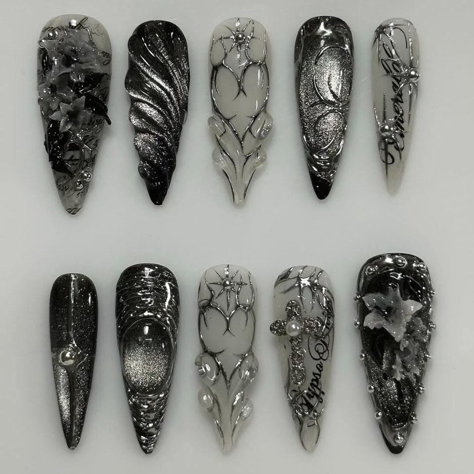 Black and Silver Gothic Chrome Web Nail Set with Sculpted Details