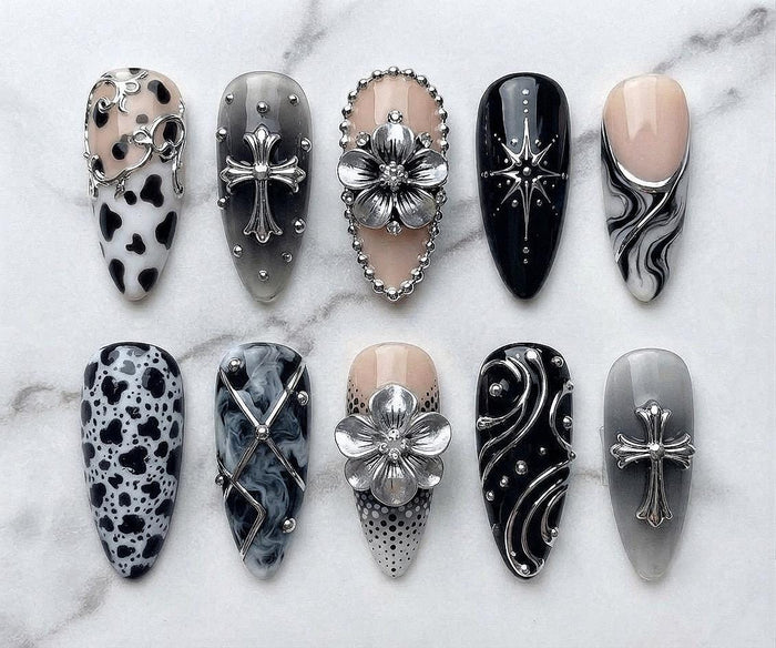 Black and Silver Gothic Cow Print, Marble, Cross and 3D Flower Press On Nail Set