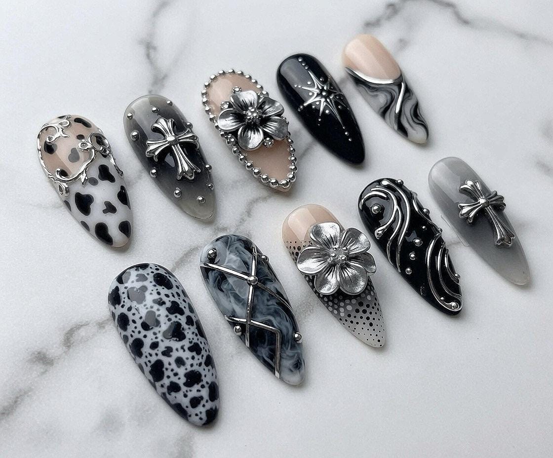Black and Silver Gothic Cow Print, Marble, Cross and 3D Flower Nail Set