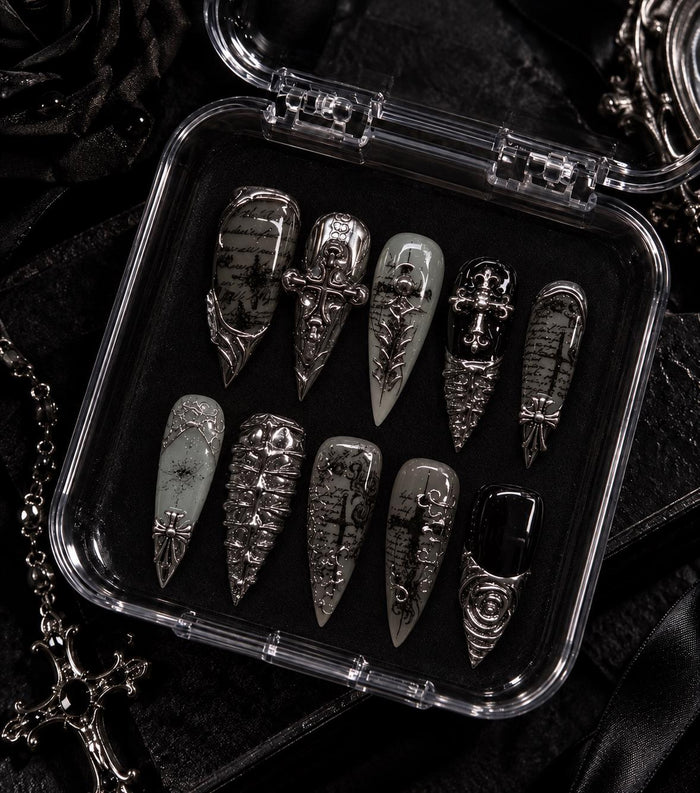Black and Silver Gothic Cross Press On Nail Set With 3D Filigree