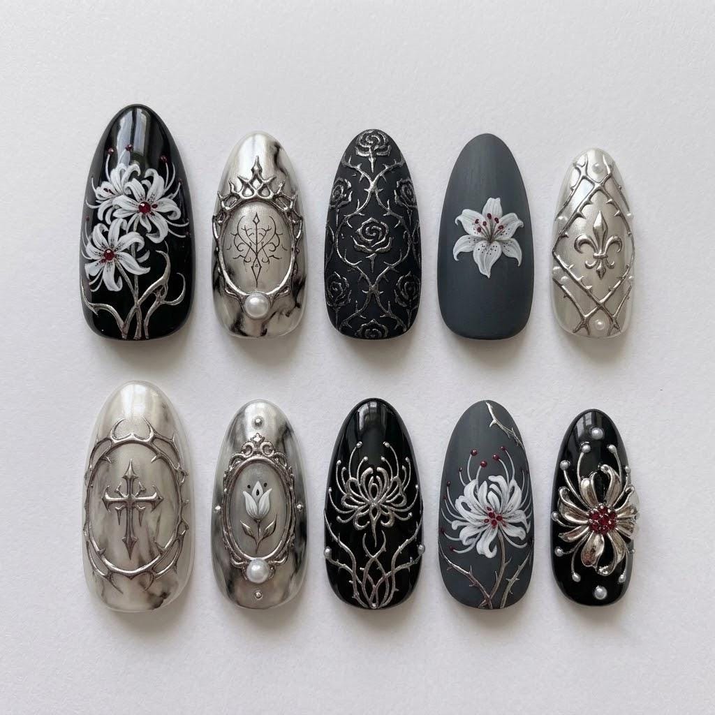 Black and Silver Gothic Floral Nail Set With Pearl Details