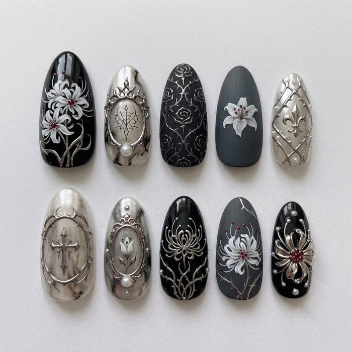 Black and Silver Gothic Floral Press On Nail Set With Pearl Details