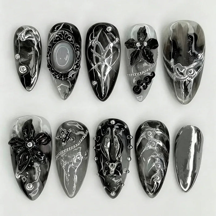Black and Silver Gothic Marble Press On Nails with Raised Flowers and Rhinestones