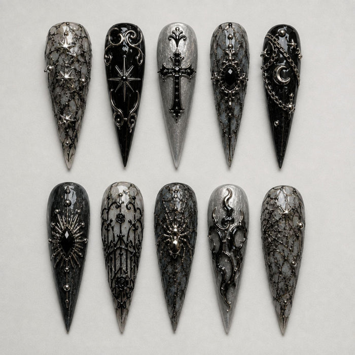 Black and Silver Gothic Press On Nails with Crosses, Chains and Spiderweb Details